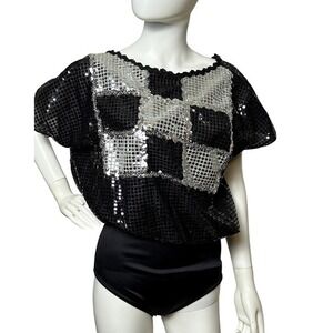 Vintage 80s women's Dance‎ costume leotard bodysuit Silver Black Squares XL